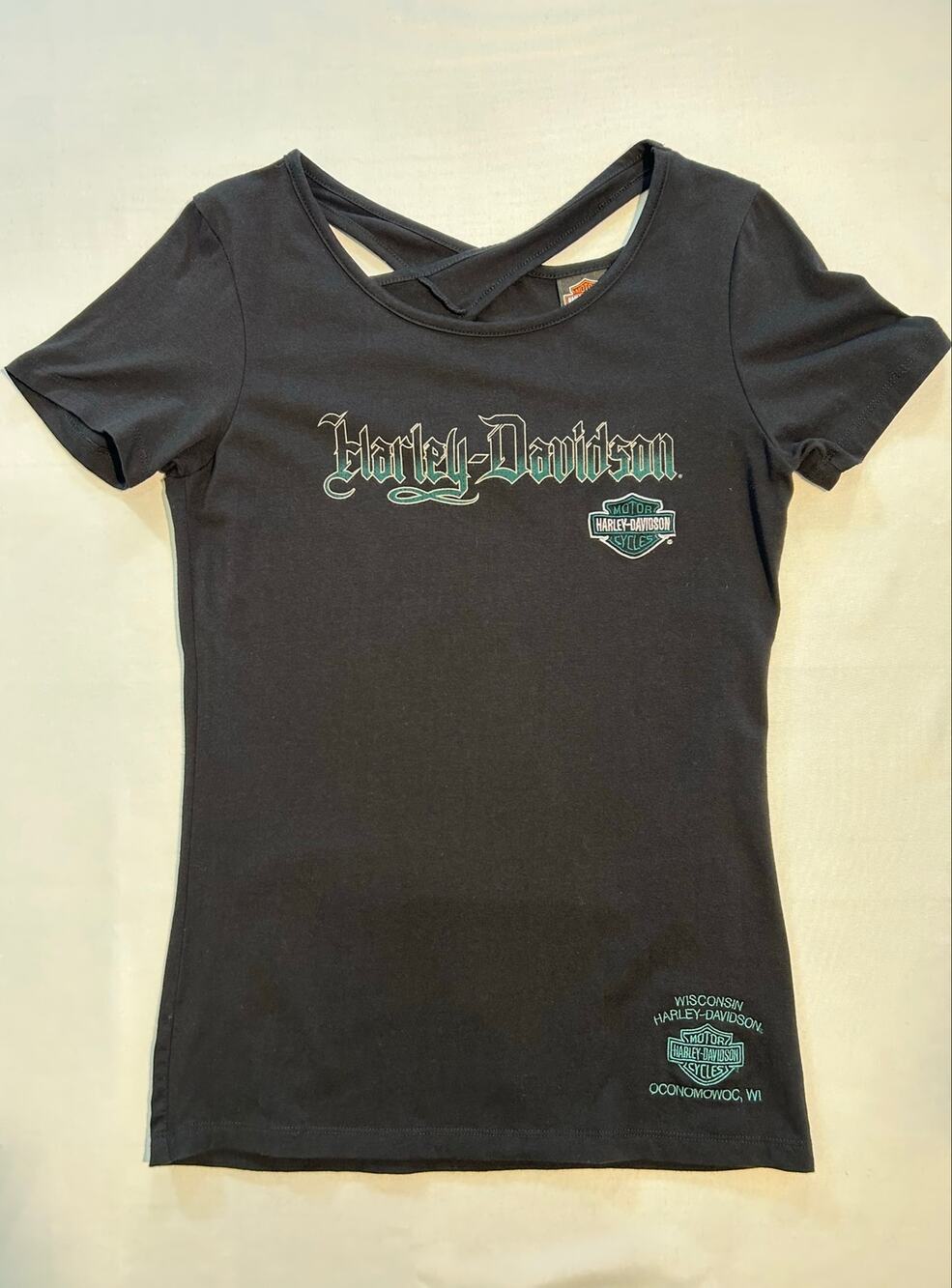 Harley Davidson Women's Crisscross Back T-Shirt Black Teal Large